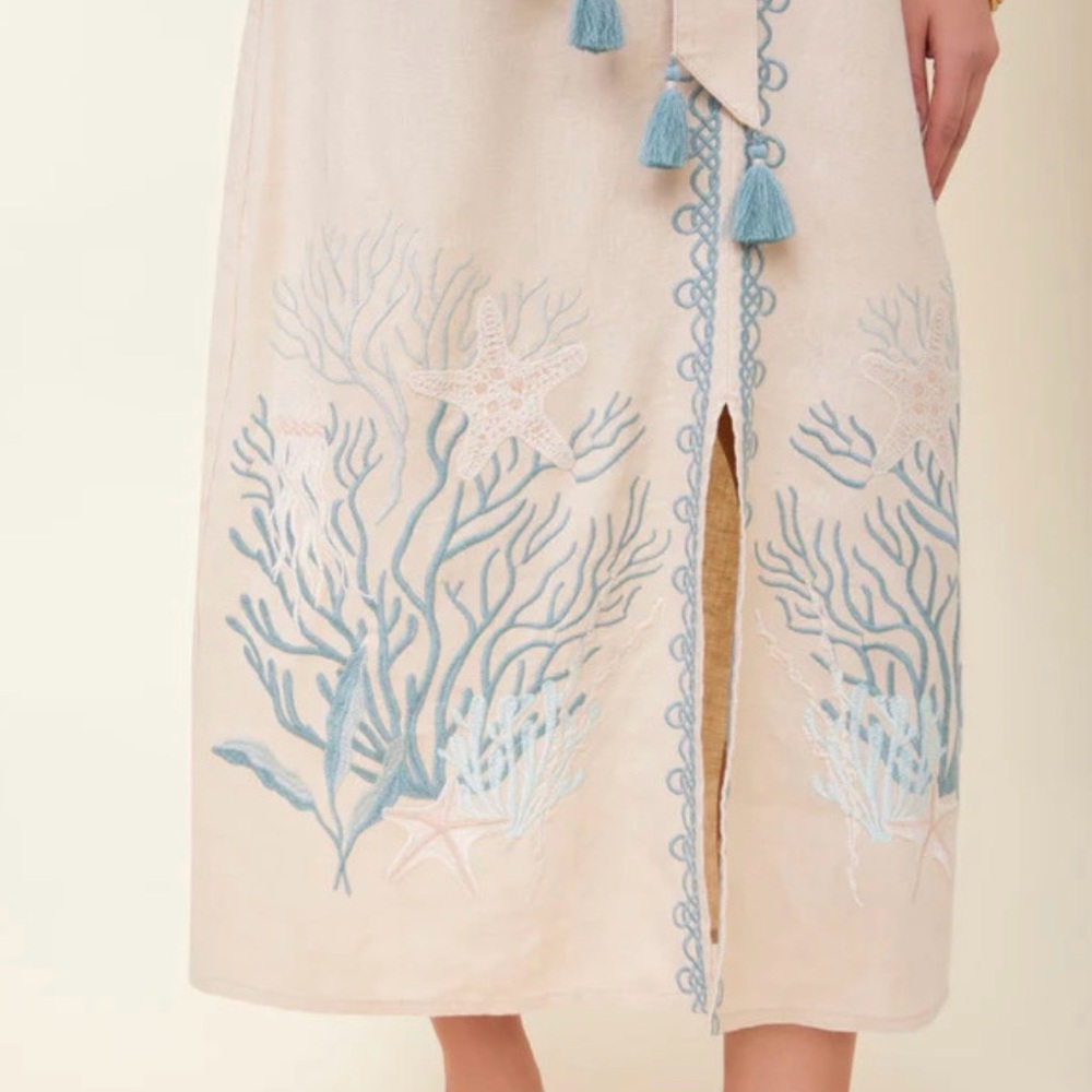 Spartina 449 | Cream Linen Dress with Blue Tassel Belt - Picture 2 of 7